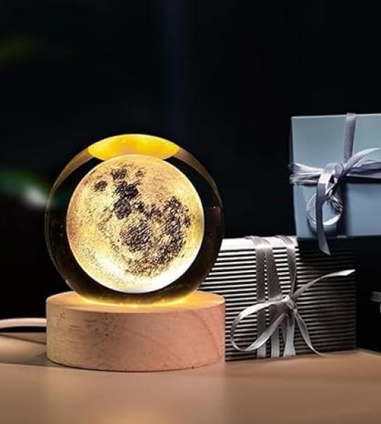One94Store 3D Crystal Moon Lamp - Engraved LED Night Light with Wooden Base for Home & Office (Warm White)